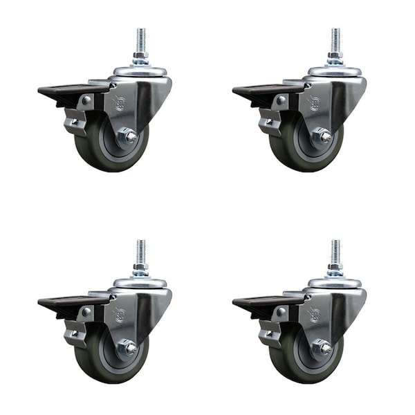 3 Inch Gray Polyurethane 12 MM Threaded Stem Caster Set with Brake